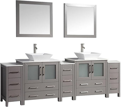 Vanity Art 96 Inch Vessel Double Sink Bathroom Vanity Cabinet with 2 Mirrors, Engineered Marble Top Bathroom Cabinet Compact Set with 13 Dovetail Drawers and Soft Closing Doors, VA3130-96-G
