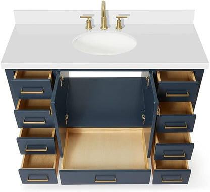 ARIEL Cambridge 48-inch Bathroom Vanity with Sink,Solid Wood, 1.5-inch Pure White Quartz Countertop & Backsplash, Single Oval Porcelain Sink, 2 Soft Closing Doors, 9 Dovetail Drawers, Midnight Blue