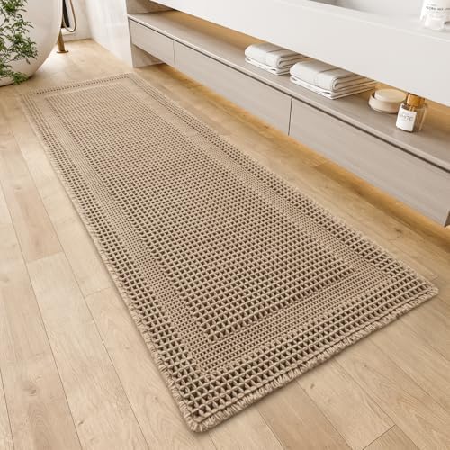 AMOAMI Waffle Bathroom Runner Rugs, Long Bath Mat Non Slip 24''x48'' Beige
