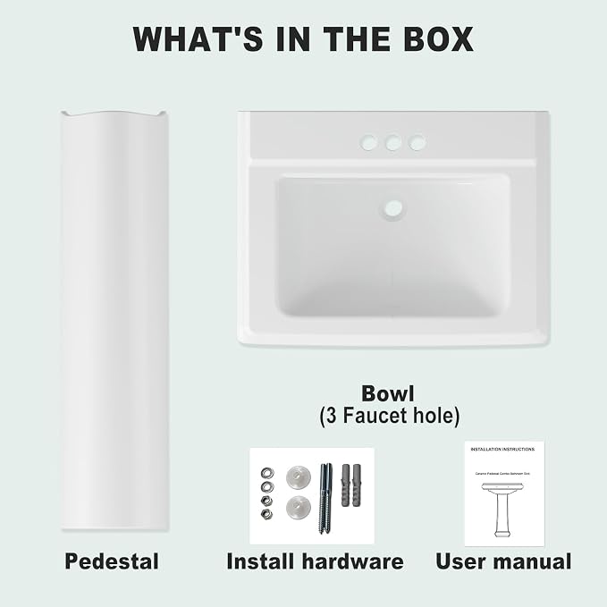 Pedestal Sink Square Ceramic Basin with 4 inch 3-Hole Faucet Setup, Large Bathroom Sink for Home Renovation, Classic Pedestal Style for Guest and Main Bathrooms