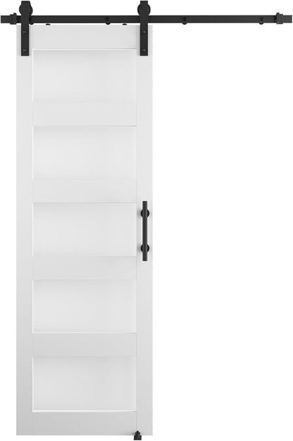 28'' x 84'' Glass Barn Door and 5Ft Hardware Kit Included White | MDF White Barn Door Slab with Frosted Glass, PVC Surface, Combined with Handle and Floor Guide-Assembly Required