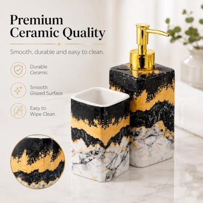 4 Piece Bathroom Accessories Set - Black and White Includes Lotion Dispenser, Toothbrush Holder Tumbler, and Soap Dish - Glossy Finish (Marble, Black, and White)