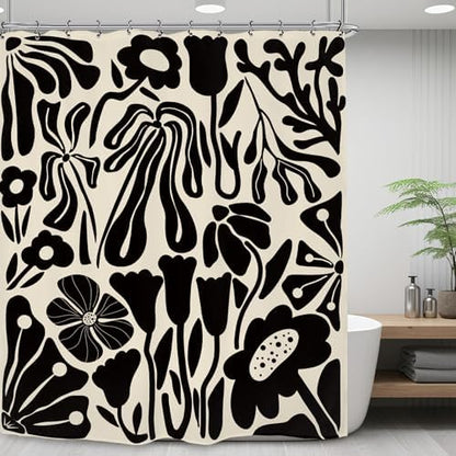 Black Off White Matisse Flower Art Shower Curtain 60Wx72L Inch Abstract Vintage Botanical Blossom Minimalist Neutral Wildflower Bathroom Set Accessories Decor with 12 Pack Hooks