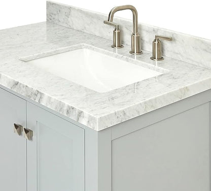 ARIEL Cambridge 36-inch Bathroom Vanity with Sink,Solid Wood, 1.5-inch Italian Carrara Marble Countertop, Single Rectangular Porcelain Sink, 2 Soft Closing Doors, 5 Dovetail Drawers, Grey