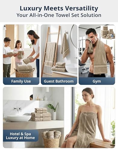 LANE LINEN Bath Towel Set Absorbent Quick Dry 100% Cotton 12 Piece - Taupe