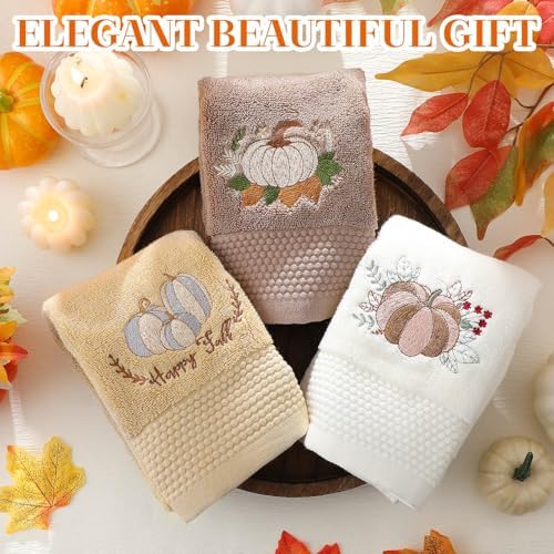 FuWeave 3 Pcs Brown White Fall Pumpkins Hand Towels for Bathroom