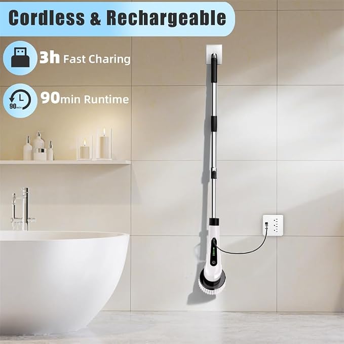 Electric Spin Scrubber, Full Body Waterproof Cordless Cleaning Brush with 7 Replaceable Brush Heads Power Scrubber Shower Adjustable & Detachable Handle for Bathroom, Tub, Tile, Floor, Car