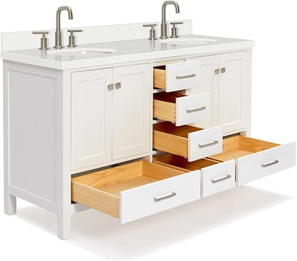 ARIEL Cambridge 60-inch Bathroom Vanity with Sink,Solid Wood, 1.5-inch Pure White Quartz Countertop & Backsplash, Double Oval Porcelain Sink, 4 Soft Closing Doors, 6 Dovetail Drawers, White