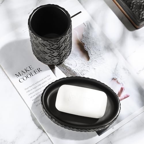 RQYIXI Ceramic Bathroom Accessories Set,Black,6 Piece,Embossed Design
