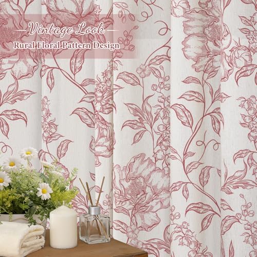 Pink Boho Linen Fabric Shower Curtain , Farmhouse Floral For Bathroom