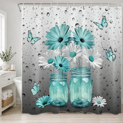 Teal Daisy Shower Curtain for Bathroom Decor, 72W X 72L inches