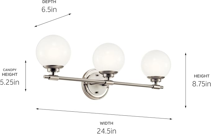 Kichler Benno 3-Light Vanity, Modern Light with Opal Glass in Polished Nickel and Brushed Nickel, for Bathroom or Powder Room (8.75" x 24.5"), 55172PN