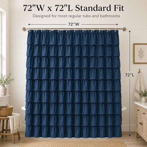 Navy Blue Ruffle Shower Curtain for Bathroom, 72x72 inch, 1 Panel