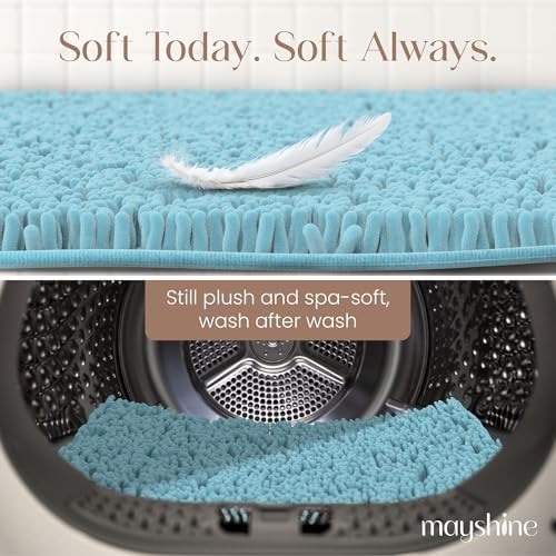 MAYSHINE Small Plush Shaggy Chenille Bath Mat, 24"x17" Extra Soft, Super Absorbent, Non-Slip Bathroom Rug | Fluffy Microfiber, Area Rug Sets for Bathroom Floor, Kitchen, Living Room | Spa Blue