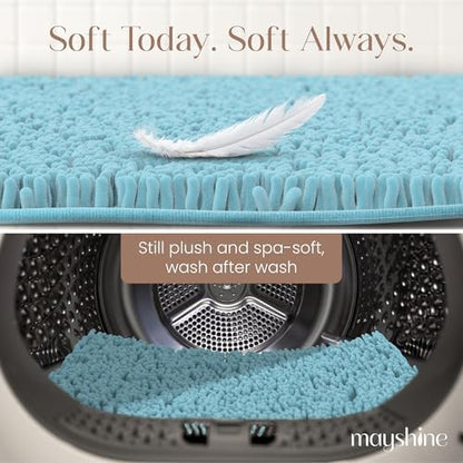 MAYSHINE Small Plush Shaggy Chenille Bath Mat, 24"x17" Extra Soft, Super Absorbent, Non-Slip Bathroom Rug | Fluffy Microfiber, Area Rug Sets for Bathroom Floor, Kitchen, Living Room | Spa Blue