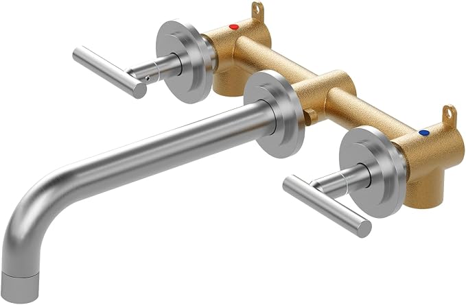 Brushed Nickel Bathroom Faucet,WOWOW 2 Handle Wall Mount Bathroom Faucet, Vessel Sink Faucet Wall Mount and Brass Rough-in Valve Included