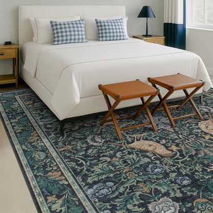 Dark Blue and Green Washable 8x10 Area Rugs for Living Room - Soft Non Slip Botanical Rug for Dining Room Under Table, Bedroom Under Bed, Vintage Large Carpet Decor Stain Resistant