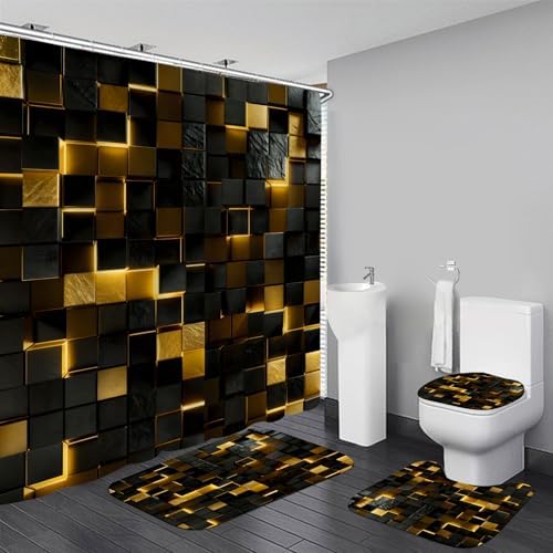LQCOOL 4 Pcs Black Gold Shower Curtain Set with Rugs, 3D Cube Modern Bathroom Set, Black Gold Polyester Shower Curtains for Bathroom with 12 Hooks, Toilet Lid Cover & U-Shaped Mat