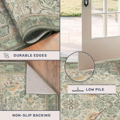 Washable Sage Green Floral Rugs for Entryway - Small 2x4 Runner Rug for Kitchen Bathroom Door Mat Indoor Entrance with Bird & Botanical Pattern, Light Green and Beige, Non Slip Low Pile
