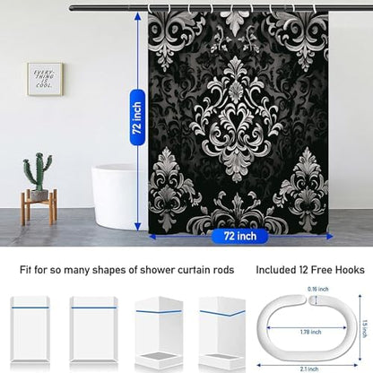 NBVKO 4Pcs Luxury Damascus White Flower Pattern Shower Curtain Set with 12 Hooks Non-Slip Rugs,Toilet Lid Cover and Bath Mat,Dark Gold Bathroom Decor for Hotel & Home Bathroom