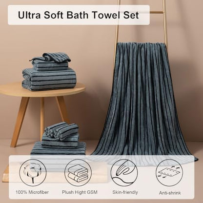 4 Piece Grayish Blue Cabana Stripe Large Bath Towels Oversized Bath Sheet Super Soft Breathable Jumbo Bathroom Towels Highly Absorbent Shower Towel Quick Dry Beach Chair Towel Spa Gym Hotel Towel Set