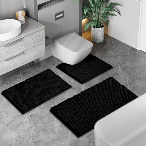 Run Helix Black Bathroom Rug Set Extra Soft Bath Rugs for Bathroom 3 Piece Bathrom Set Anti-Slip Bath Mats Soft Plush Chenille Shaggy Mat Living Room Bedroom Mat Floor Water Absorbent Floor Mat