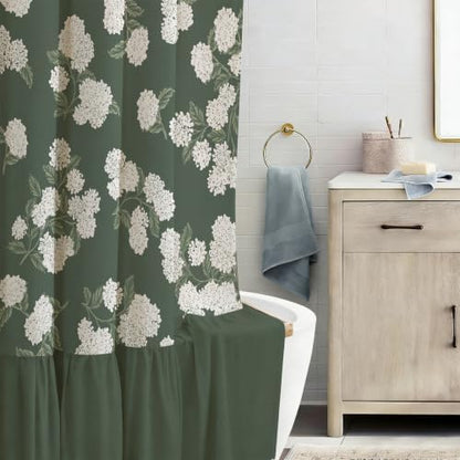 ORTIGIA Linen Textured Ruffle Shower Curtain with Metal Hooks, Vintage Dark Green Hydrangea Floral Boho Waterproof Bath Curtain for Rustic Farmhouse Bathroom Decor 72x72 Inch