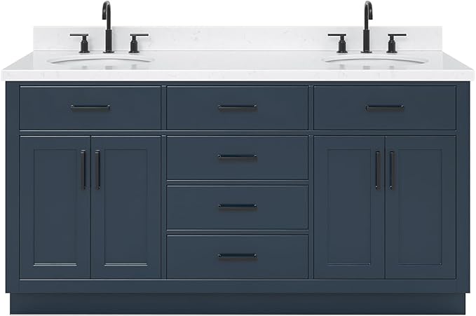 ARIEL Hepburn 66-inch Bathroom Vanity with Sink,Solid Wood, 1.5-inch Carrara White Quartz Countertop, Double Oval Porcelain Sink, 4 Soft Closing Doors, 6 Dovetail Drawers, Midnight Blue