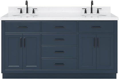 ARIEL Hepburn 66-inch Bathroom Vanity with Sink,Solid Wood, 1.5-inch Carrara White Quartz Countertop, Double Oval Porcelain Sink, 4 Soft Closing Doors, 6 Dovetail Drawers, Midnight Blue