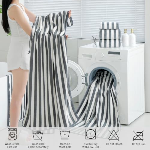 18 Pcs Gray Stripe Bath Towel Set with Hanging Loop-6 Bath Towels,6 Hand Towels,6 Washcloths Soft Family Towels Set Bathroom Towel Highly Absorbent Quick Dry Shower Towel for Beach Chair Spa Gym Hotel