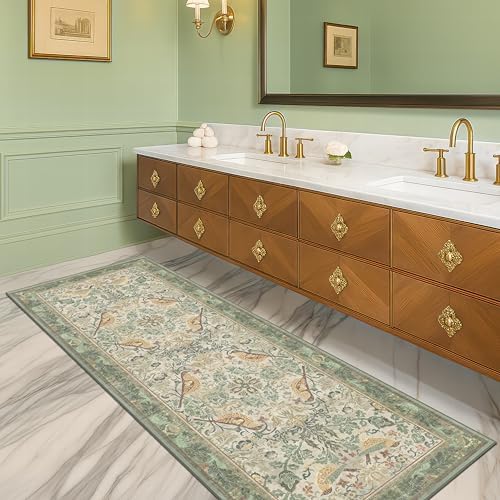 Hazo Haus Boho Long Bathroom Runner Rug 2x6 - Floral & Bird Runner Rug for Kitchen Floor, Hallway, Laundry Room, Bedroom, Entrance, Sage Green Vintage Decor, Washable Non Slip Low Pile - Light Green