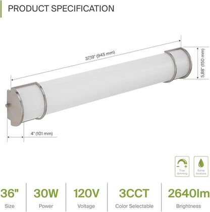ASD LED 36" Vanity Flush Mount Light Fixture, Linear Bathroom Lighting Bar | 3CCT, Dimmable, Energy Star, ETL Listed | 30W 2650LM 3000-5000K 120V | Long Bath Wall Sconce Over Mirror | Nickel, 2 Pack