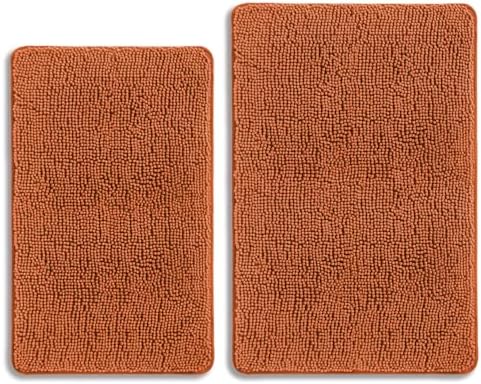 Burnt Orange Bathroom Rugs Sets 2 Piece – Absorbent and Washable Bath Mat, Non-Slip, Thick Soft Chenille Bath Rugs for Bathroom Floor, Shower, Sink - 20" x 32"+24" x 36"