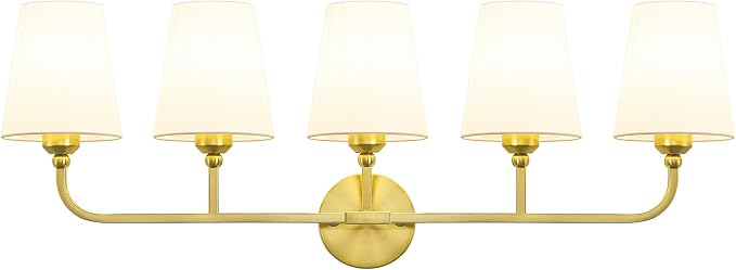 Bathroom Vanity Light, Brushed Gold Bathroom Lighting Fixtures Over Mirror | 5-Light Bathroom Light Fixtures with Flared White Fabric Shade, E26 Socket (ETL Listed)