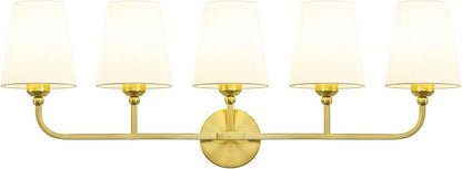 Bathroom Vanity Light, Brushed Gold Bathroom Lighting Fixtures Over Mirror | 5-Light Bathroom Light Fixtures with Flared White Fabric Shade, E26 Socket (ETL Listed)