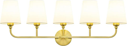 Bathroom Vanity Light, Brushed Gold Bathroom Lighting Fixtures Over Mirror | 5-Light Bathroom Light Fixtures with Flared White Fabric Shade, E26 Socket (ETL Listed)