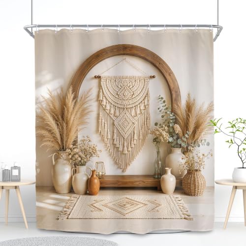 Boho Long Bohemian Style Pampas Grass Vases 2D Bathroom Shower Curtain Set