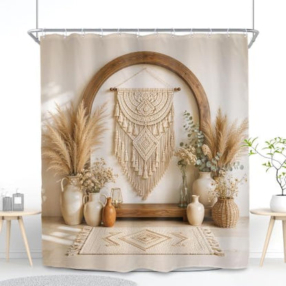 Boho Long Bohemian Style Pampas Grass Vases 2D Bathroom Shower Curtain Set