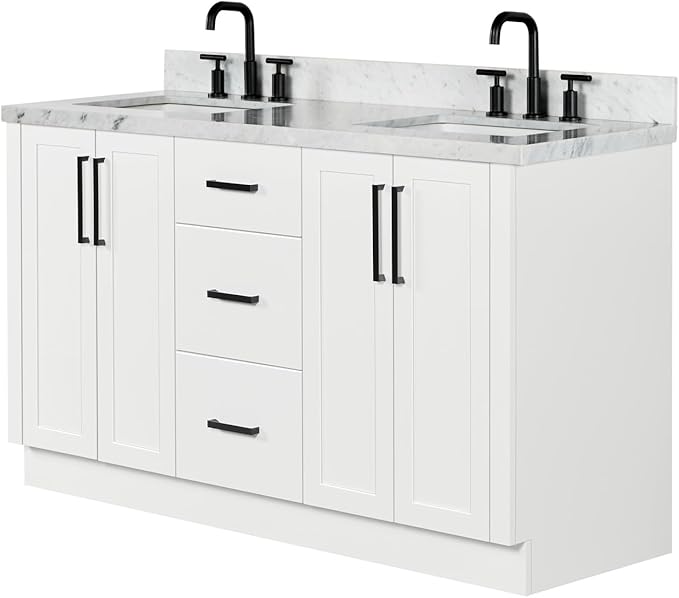 ARIEL Loren 60-inch Bathroom Vanity with Sink,Solid Wood, 1.5-inch Italian Carrara Marble Countertop, Double Rectangular Porcelain Sink, 4 Soft Closing Doors, 3 Dovetail Drawers, White