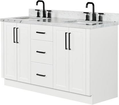 ARIEL Loren 60-inch Bathroom Vanity with Sink,Solid Wood, 1.5-inch Italian Carrara Marble Countertop, Double Rectangular Porcelain Sink, 4 Soft Closing Doors, 3 Dovetail Drawers, White