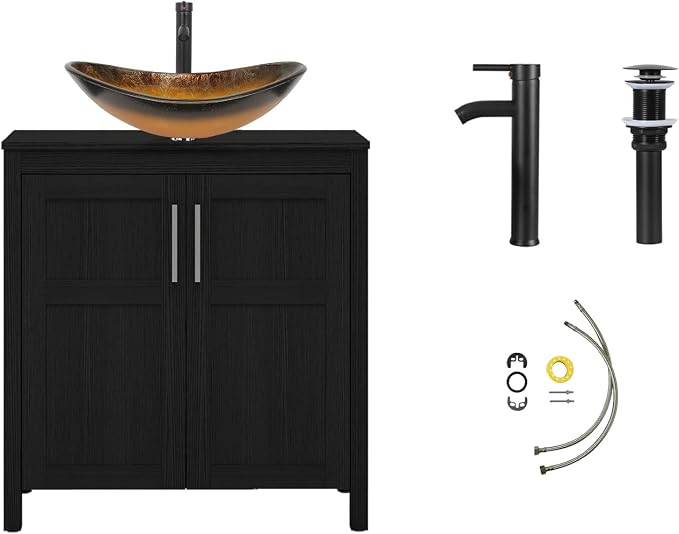YOURLITE 30" Bathroom Vanity with Sink, Black Bathroom Vanity Cabinet with Faucet & Pop Up Drain Set,Traditional Vanity with Black Glass Bowl Bathroom Sink
