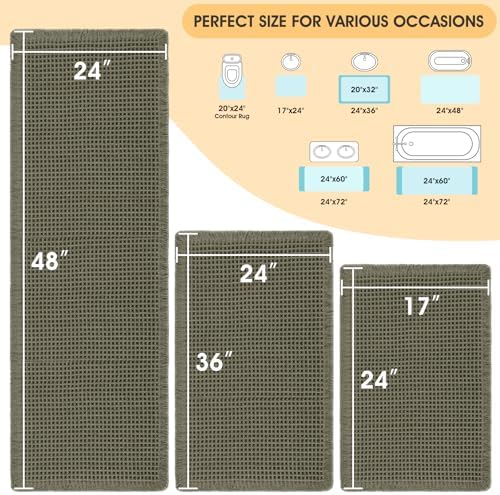 IM HOME Waffle Bath Mat Set 3 Piece Olive Green,Woven Modern Bath Rug Mats, Absorbent Non Slip Bath Floor Mat, Soft Washable Boho Bath Rugs with Tassels for Bathroom, Bedroom, Kitchen,Tub