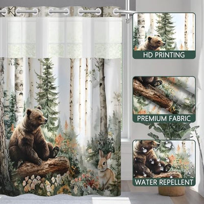 No Hook Woodland Animal Shower Curtain and Liner Set 71x74 Inch
