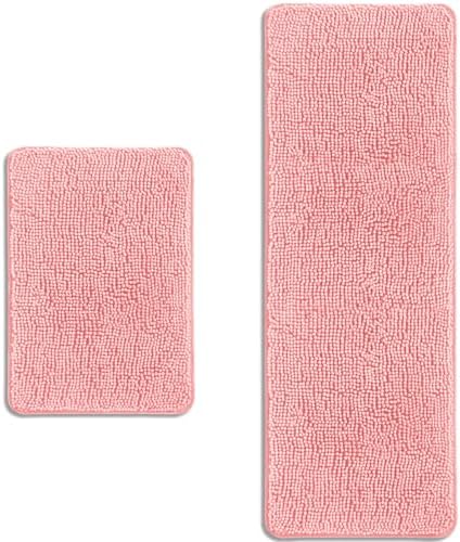 Bathroom Rugs Sets 2 Piece – Absorbent and Washable Bath Mat, Non-Slip, Thick Soft Chenille Bath Rugs for Bathroom Floor, Shower, Sink(17" x 24"+17" x 47", Pink)