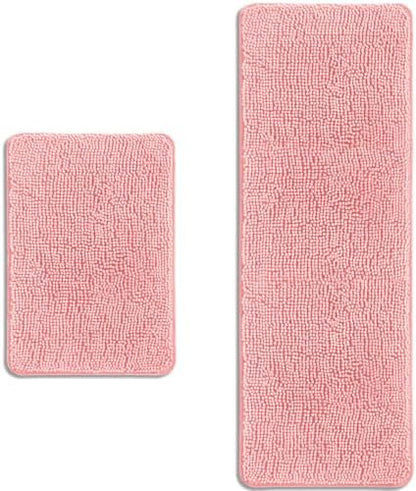 Bathroom Rugs Sets 2 Piece – Absorbent and Washable Bath Mat, Non-Slip, Thick Soft Chenille Bath Rugs for Bathroom Floor, Shower, Sink(17" x 24"+17" x 47", Pink)