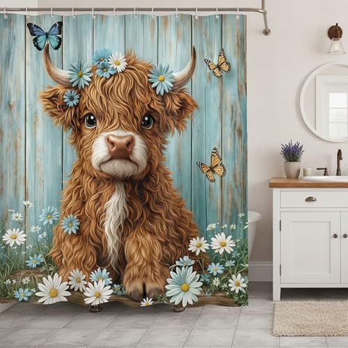 Cow Shower Curtain, Farmhouse Rustic Floral Daisy Funny Highland Cow Shower Curtains for Bathroom, Cute Calf Country Farm Animal Bathroom Decor with Hooks, 60x72 inch