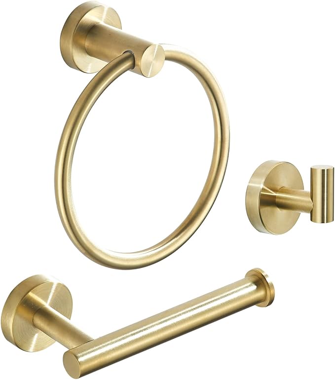 Gold Bathroom Hardware, Toilet Paper Holder Towel Ring and Robe Hook Brushed Gold Bathroom Accessories Set Wall Mount 3 Pieces Stainless Steel1