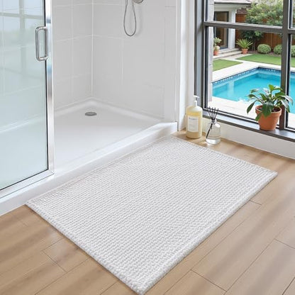DEXI Chenille Bath Mat 43x24, Soft Absorbent Bathroom Rugs, White