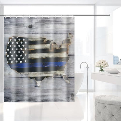 Thin Blue Line USA Map Pride Flag Shower Curtain with Hooks 72 x 72 Inch
