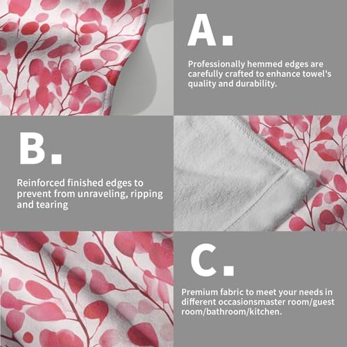 Pink Leaves Floral Hand Towels 14x28 Inch Set of 2 Boho Flowers Absorbent Soft Dish Washing Cloth Tea Towels for Wedding Anniversary Holiday Kitchen Bathroom Gym Hotel Spa Decor